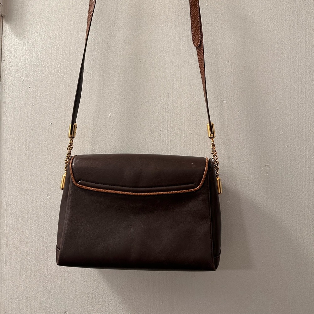 Reina, Brown Italian Leather Crossbody, Snakeskin Trim